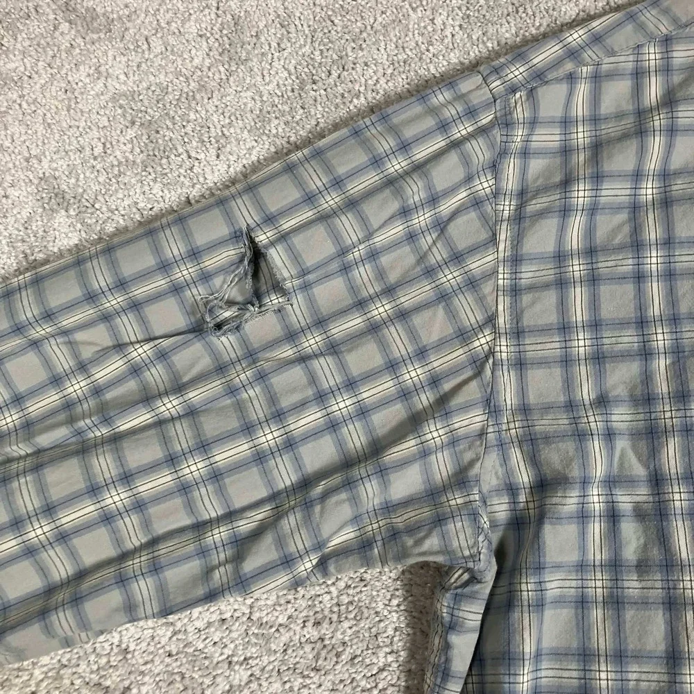Vintage J. Crew Oarsman Shirt Mens XLT Blue Plaid Long Sleeve Cotton Distressed
